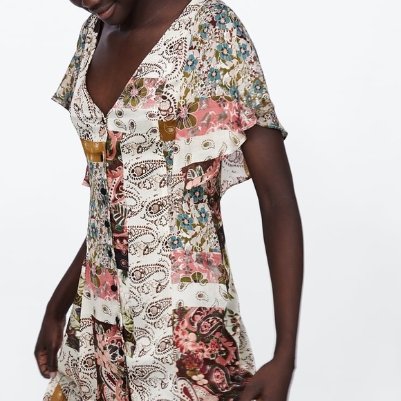 NWT Zara floral patches flowy midi dress S - Picture 2 of 7